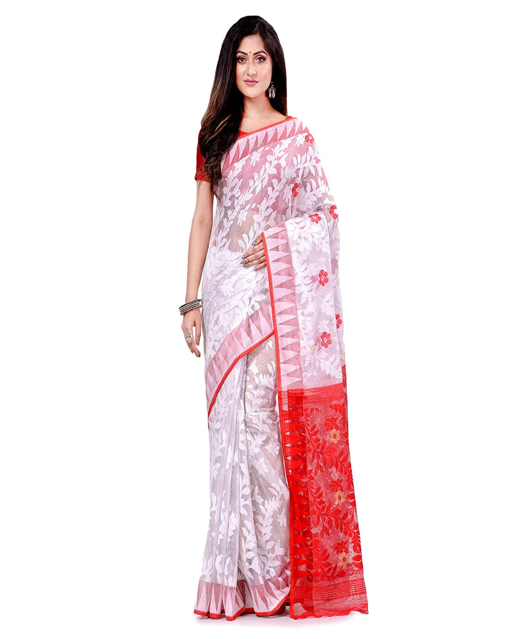 Elegant white Jamdani handloom saree in a soft cotton blend fabric