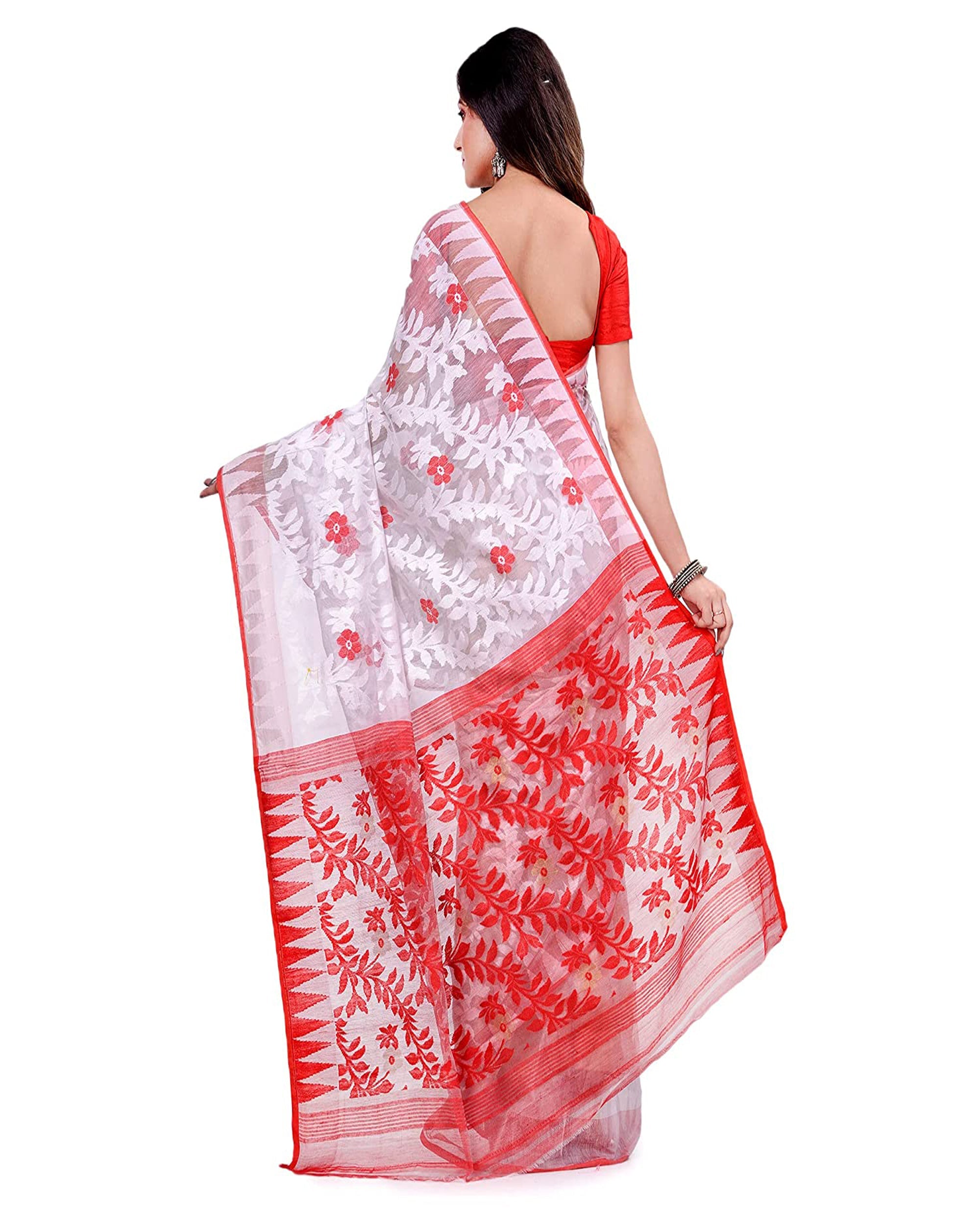 White Jamdani Handloom Cotton Blend Saree for Women
