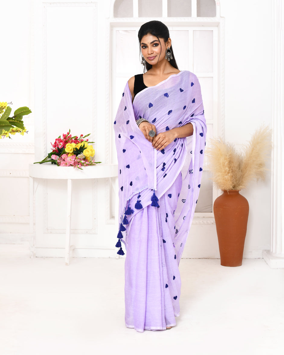 Light Lavender Handspun Cotton Saree with Exclusive Embroidery