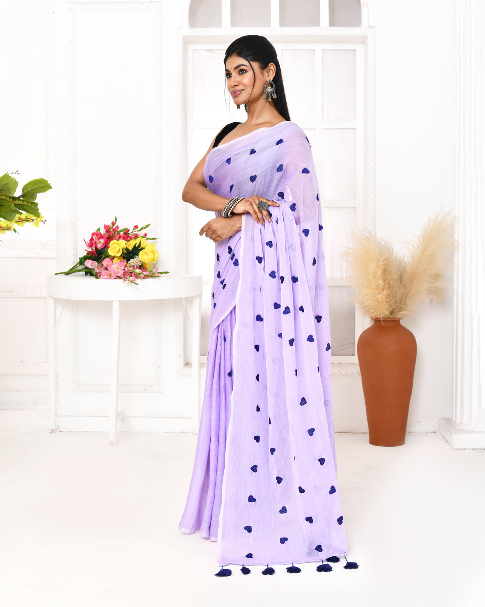 Light Lavender Handspun Cotton Saree with Exclusive Embroidery