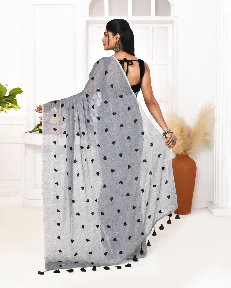 Grey Embroidered Cotton Handspun Saree for Elegant Occasions