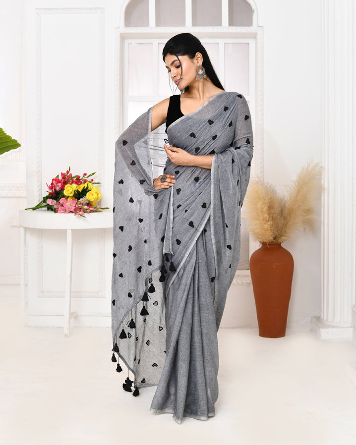 Grey Embroidered Cotton Handspun Saree for Elegant Occasions