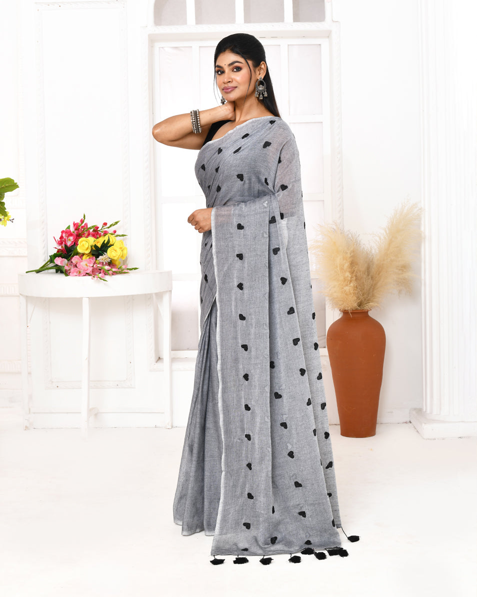Grey Embroidered Cotton Handspun Saree for Elegant Occasions