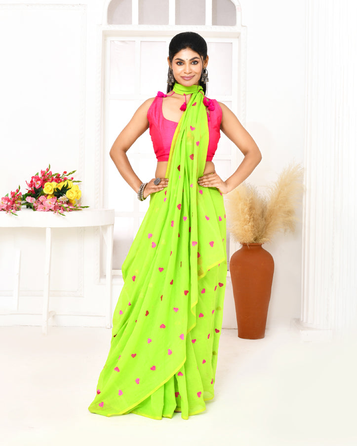Lemon Green Exclusive Embroidery Saree in Handspun Cotton