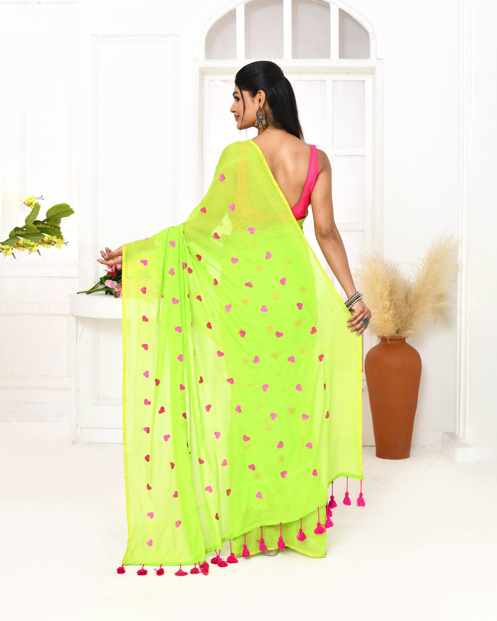 Lemon Green Exclusive Embroidery Saree in Handspun Cotton