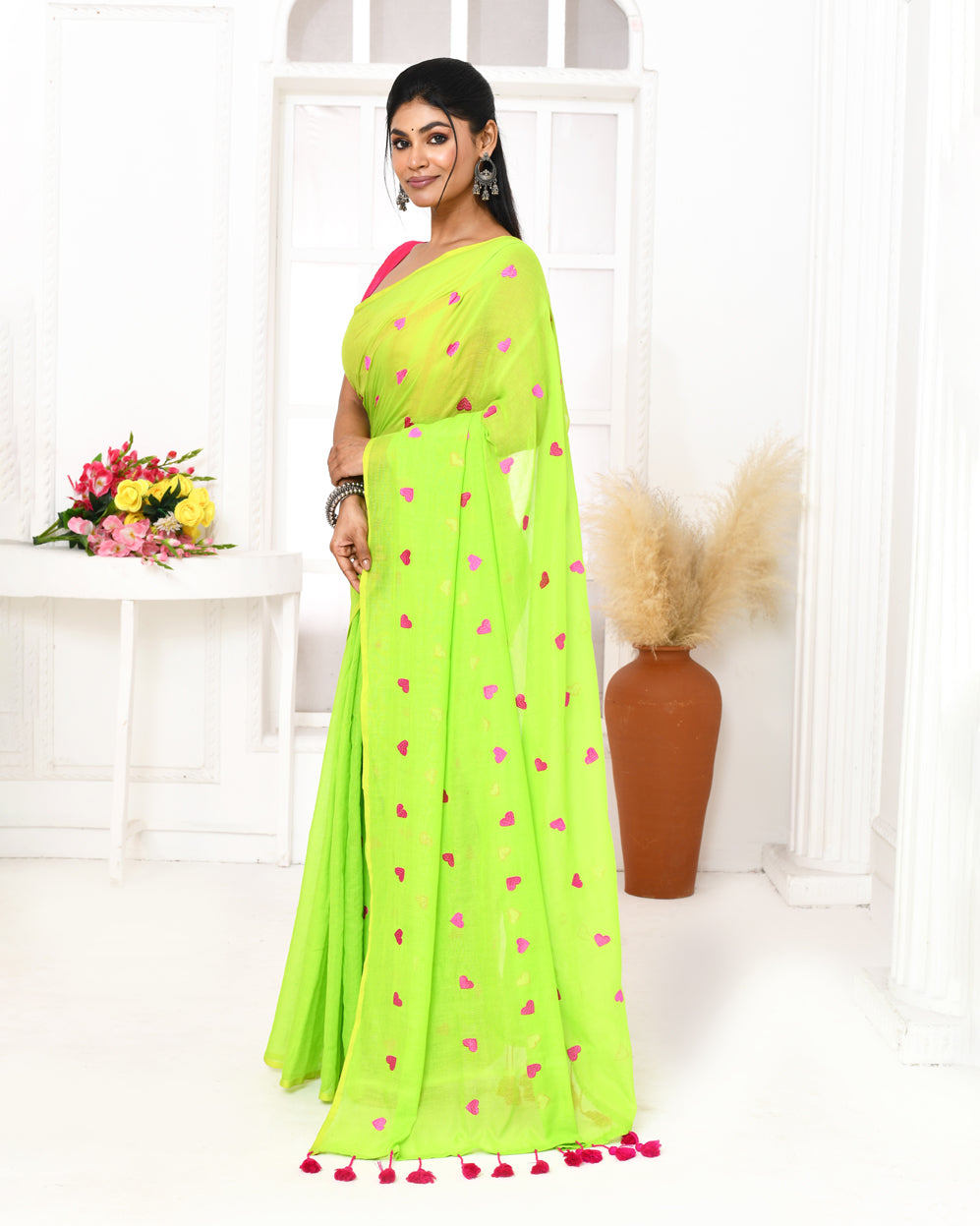 Lemon Green Exclusive Embroidery Saree in Handspun Cotton