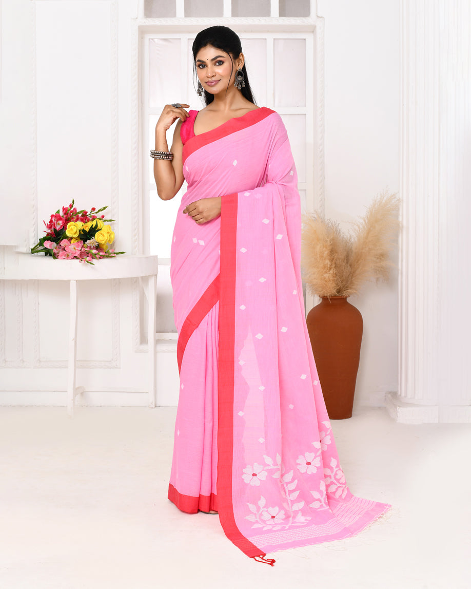 Pink handloom cotton Jamdani saree with matching blouse piece