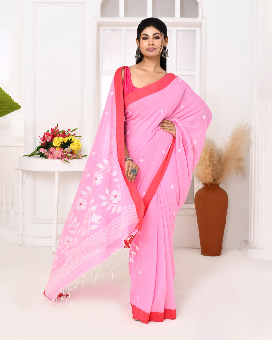 Pink Handloom Jamdani Saree in Cotton with Blouse Piece