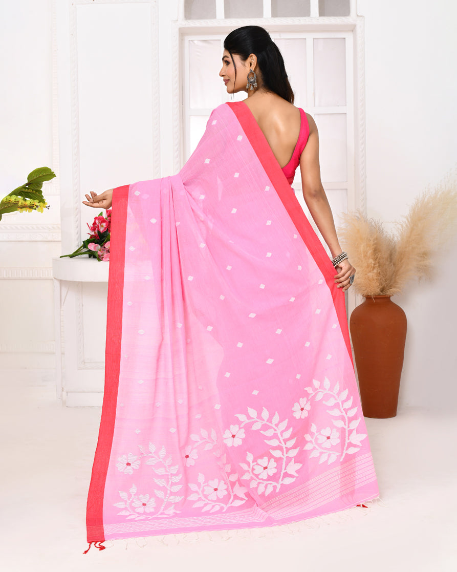 Pink Handloom Jamdani Saree in Cotton with Blouse Piece