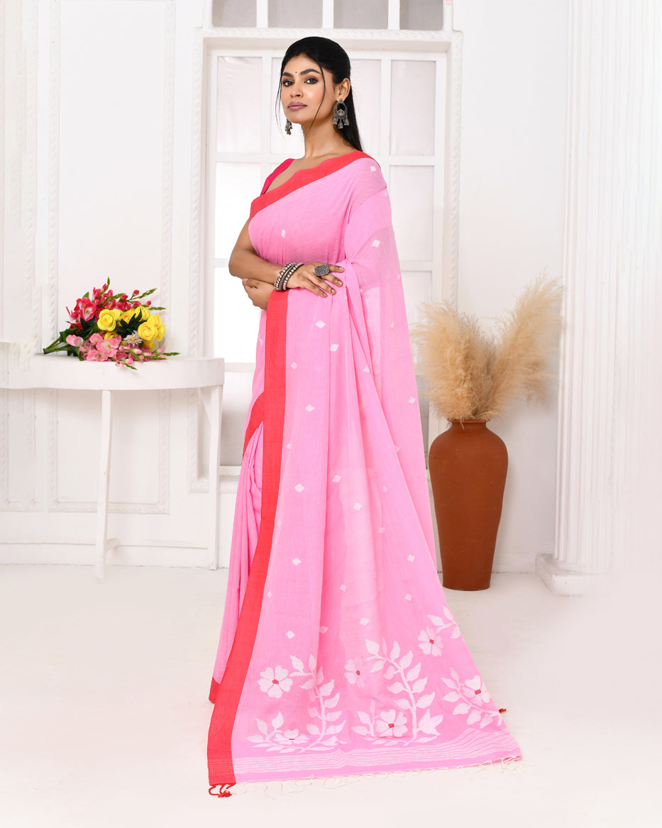 Pink Handloom Jamdani Saree in Cotton with Blouse Piece