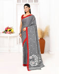 Piyari Fashion Women's Grey Cotton Handloom Jamdani Saree With Blouse