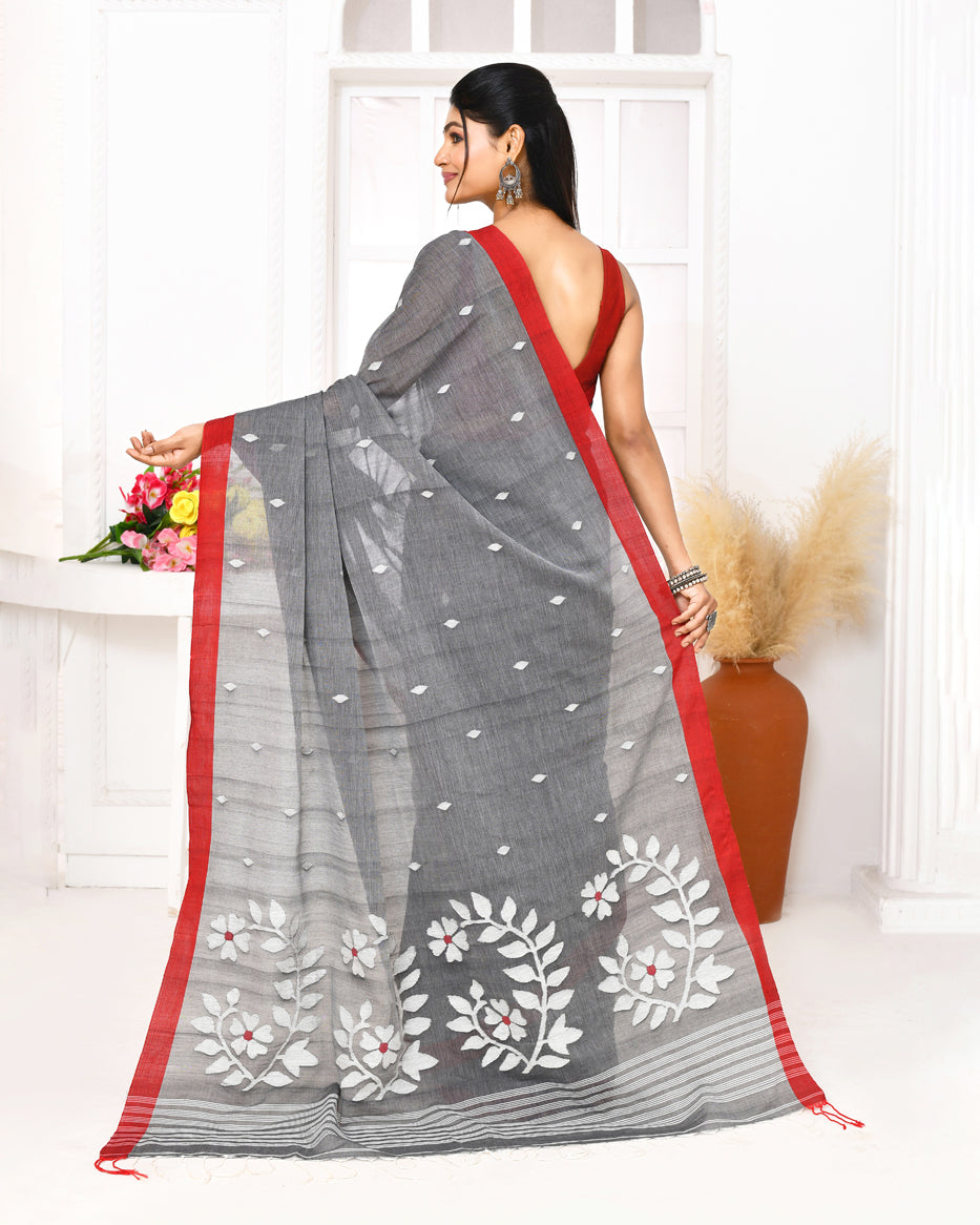 Piyari Fashion Women's Grey Cotton Handloom Jamdani Saree With Blouse