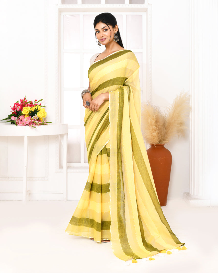 Multi Color Striped Mulmul Cotton Saree with Tassels