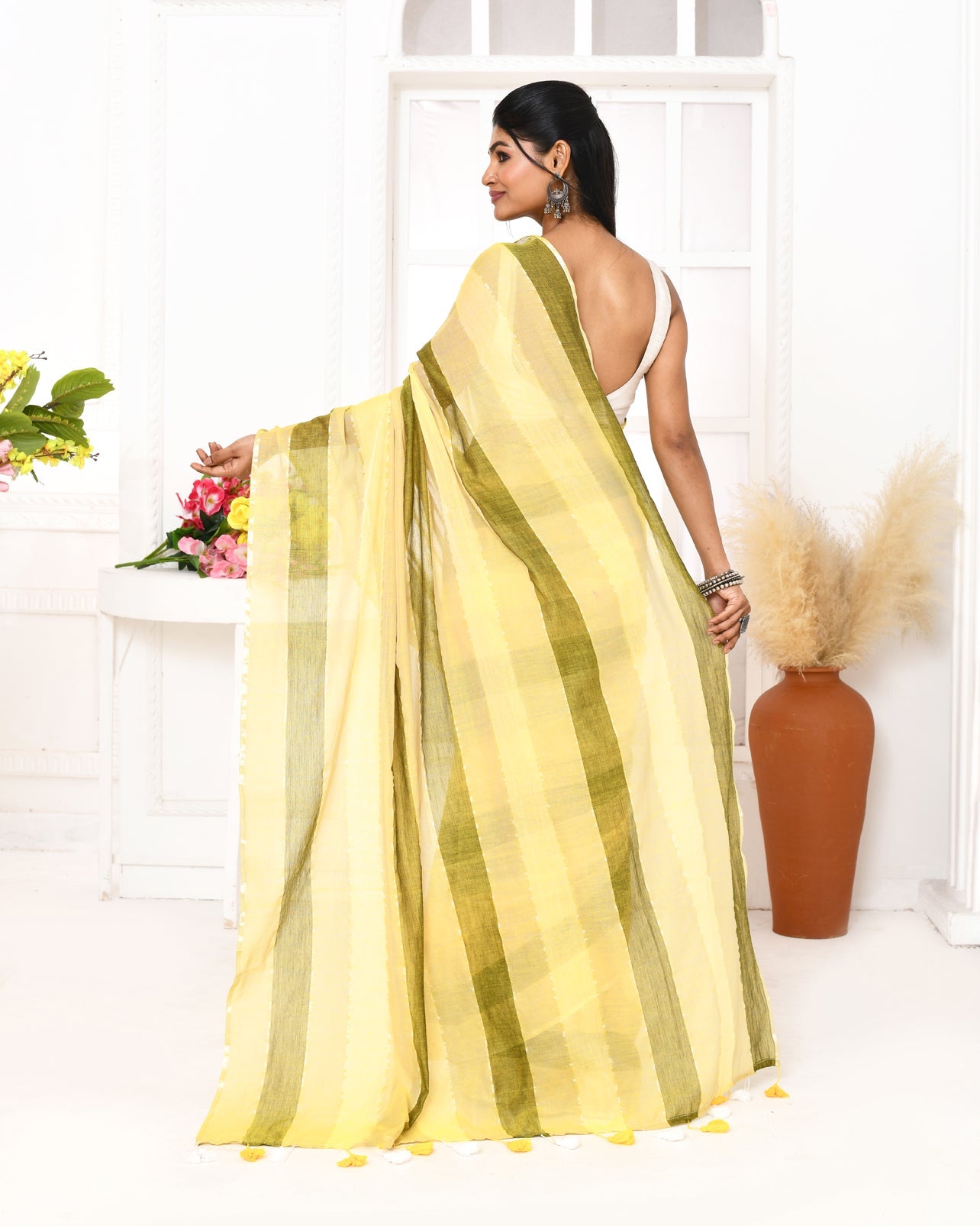 Multi Color Striped Mulmul Cotton Saree with Tassels