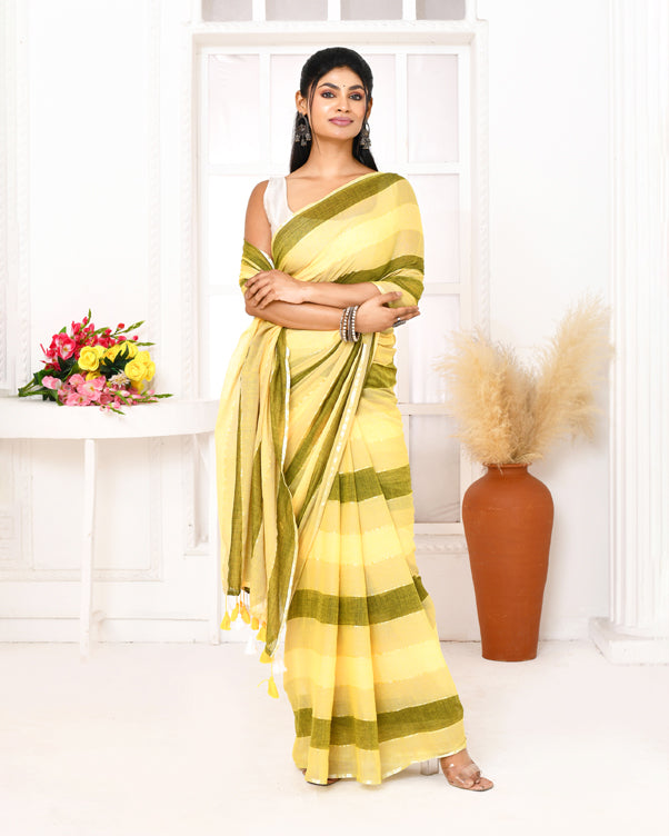 Multi Color Striped Mulmul Cotton Saree with Tassels