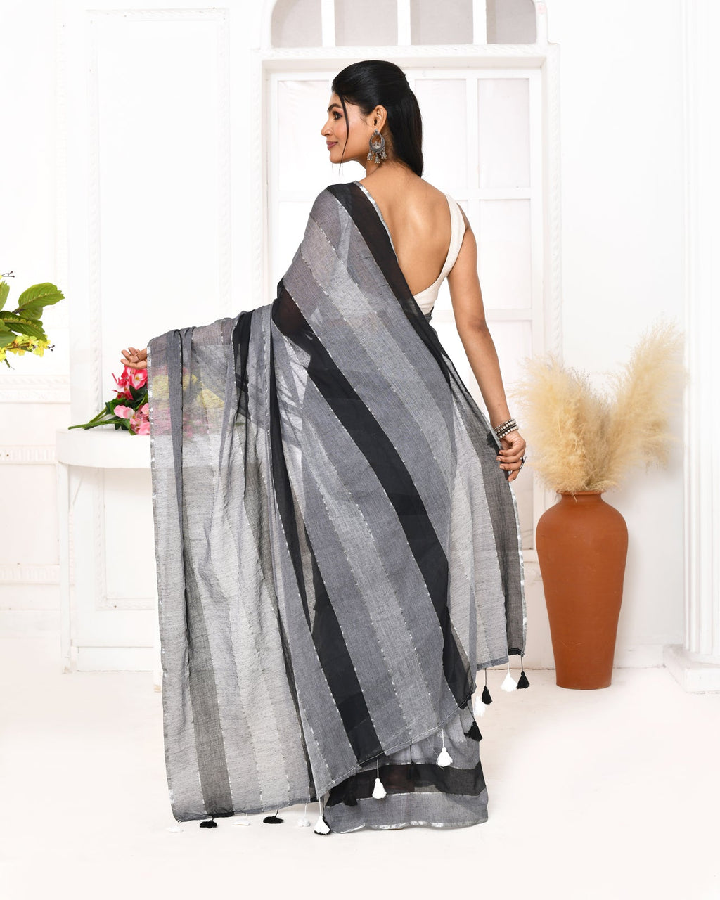 Grey and Black Striped Mulmul Cotton Saree with Tassels