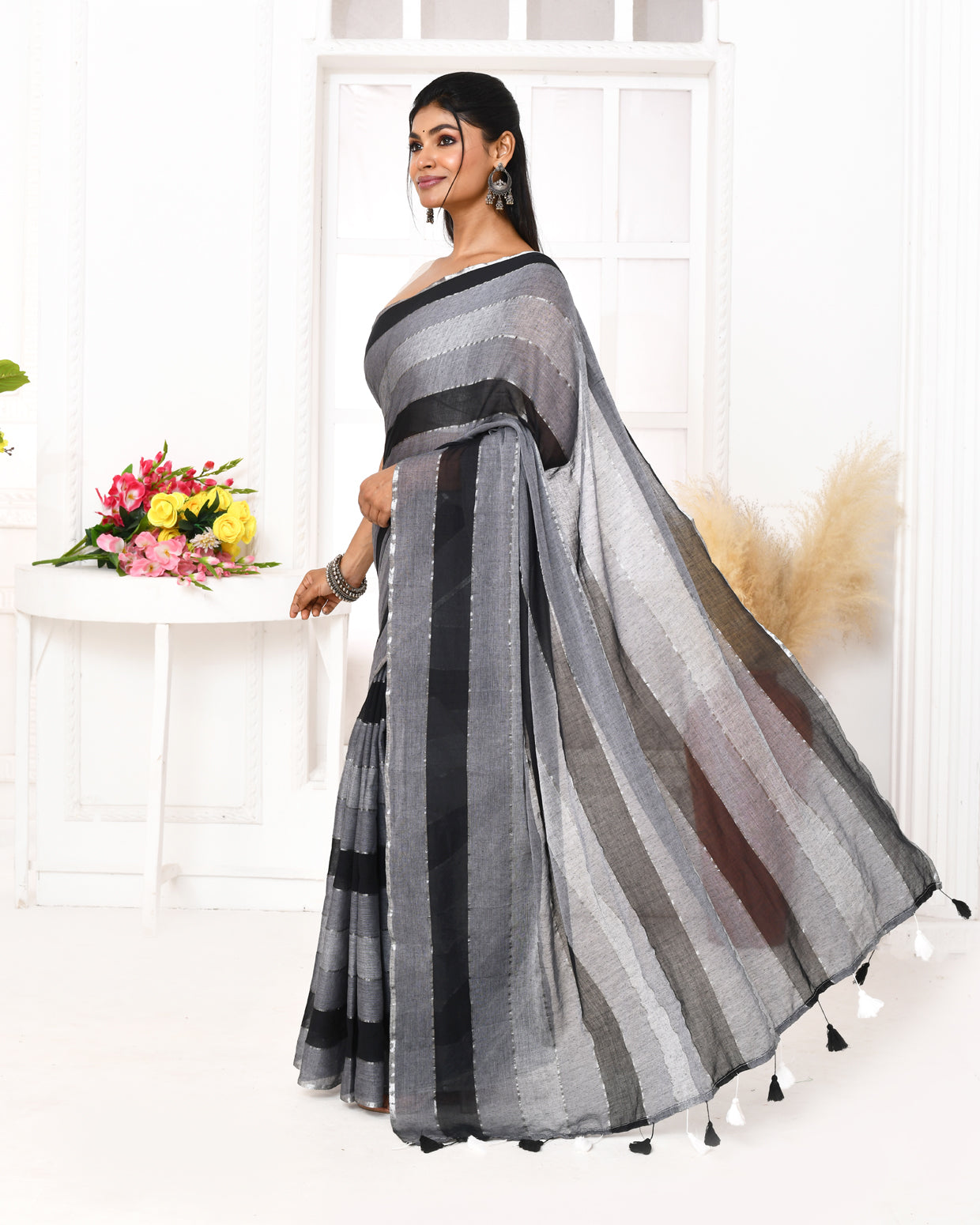 Grey and Black Striped Mulmul Cotton Saree with Tassels