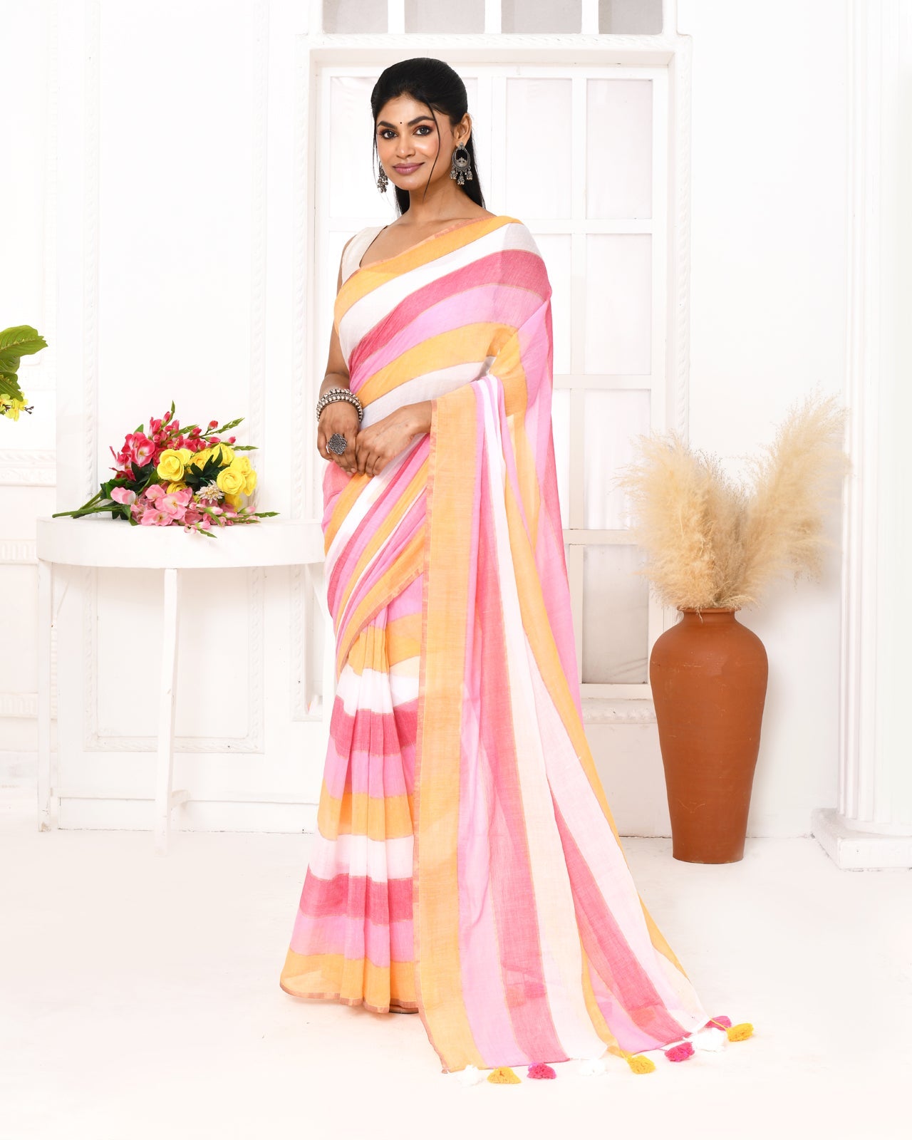 Pink Striped Mulmul Cotton Saree with Decorative Tassels