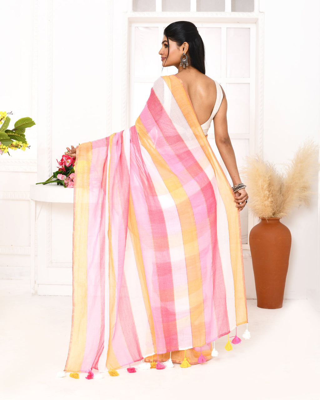 Pink Striped Mulmul Cotton Saree with Decorative Tassels