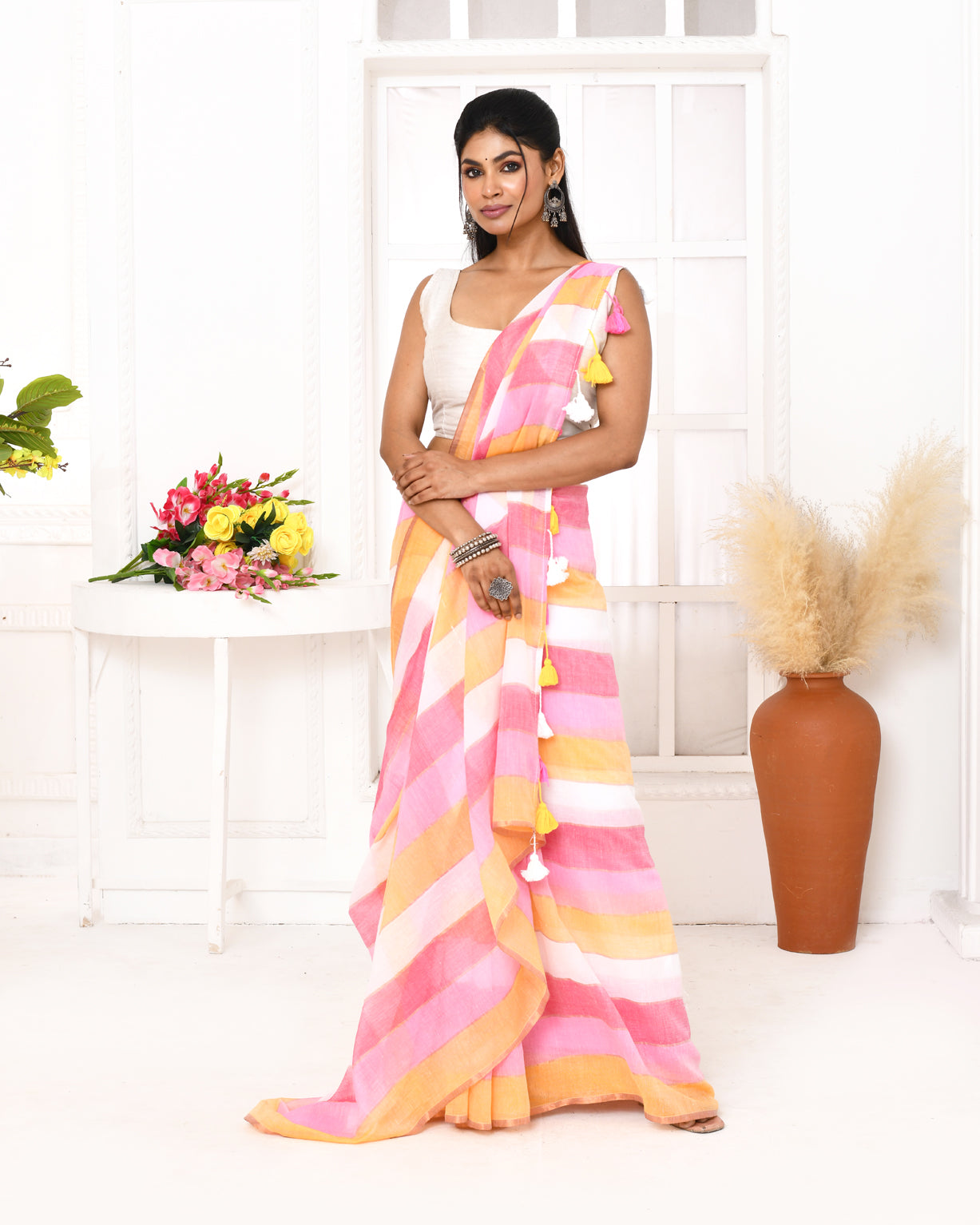 Pink Striped Mulmul Cotton Saree with Decorative Tassels