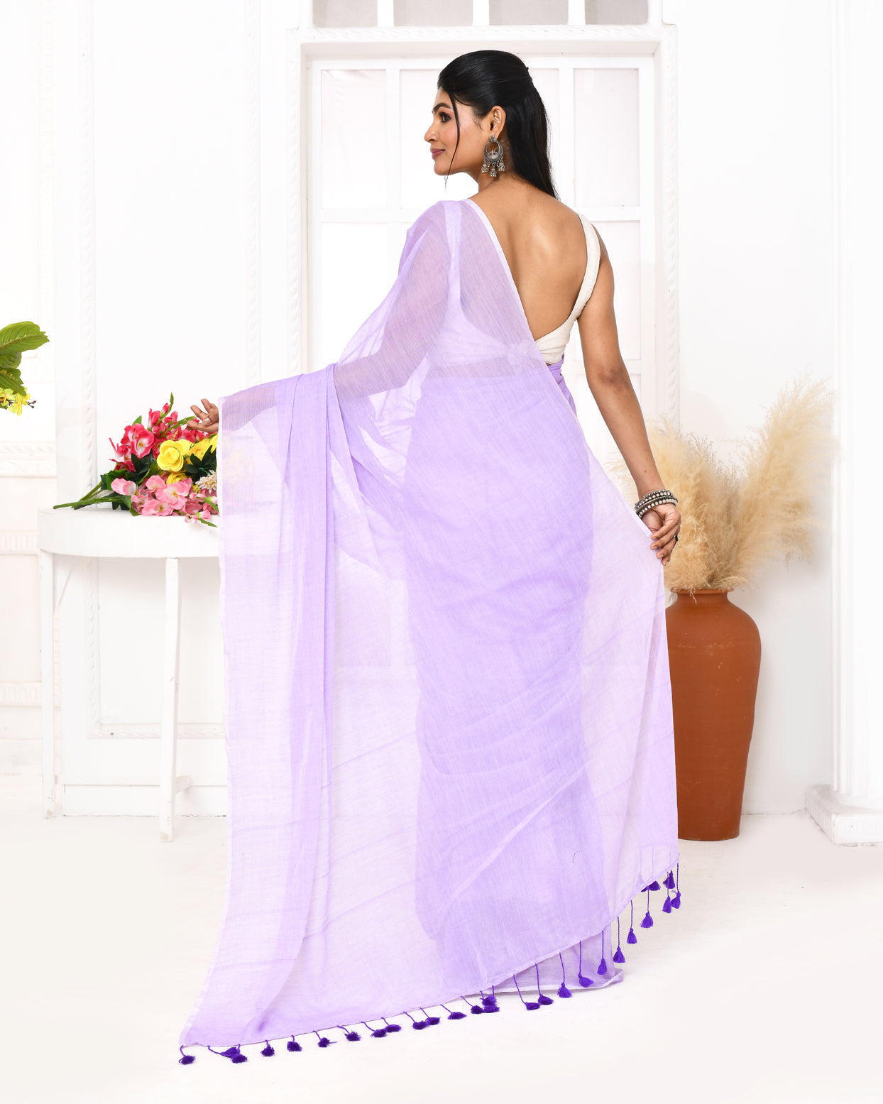 Lavender Mulmul Cotton Saree with Tassel Details