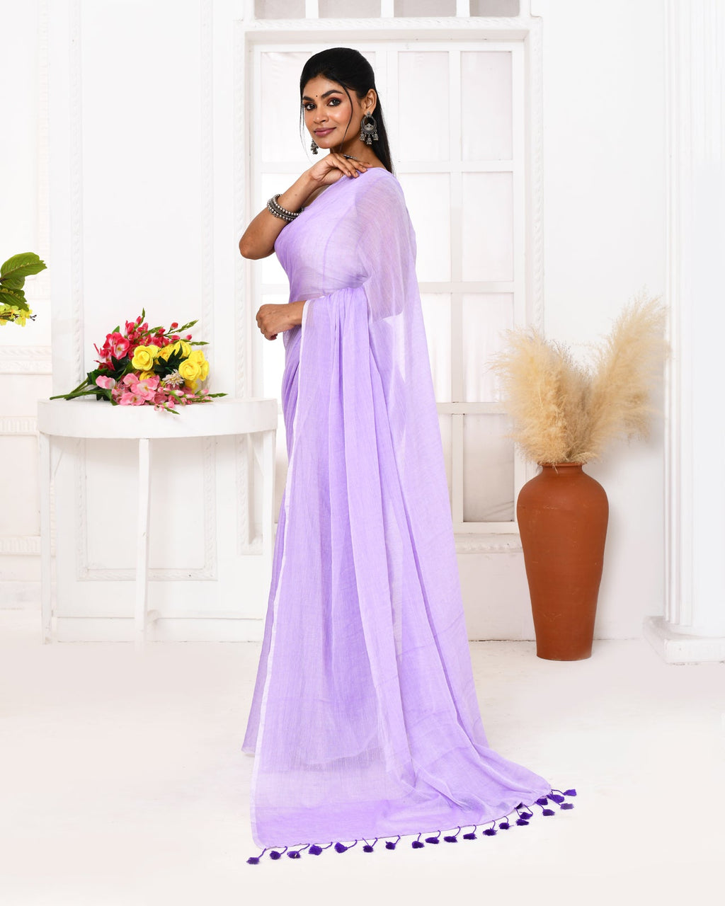 Lavender Mulmul Cotton Saree with Tassel Details