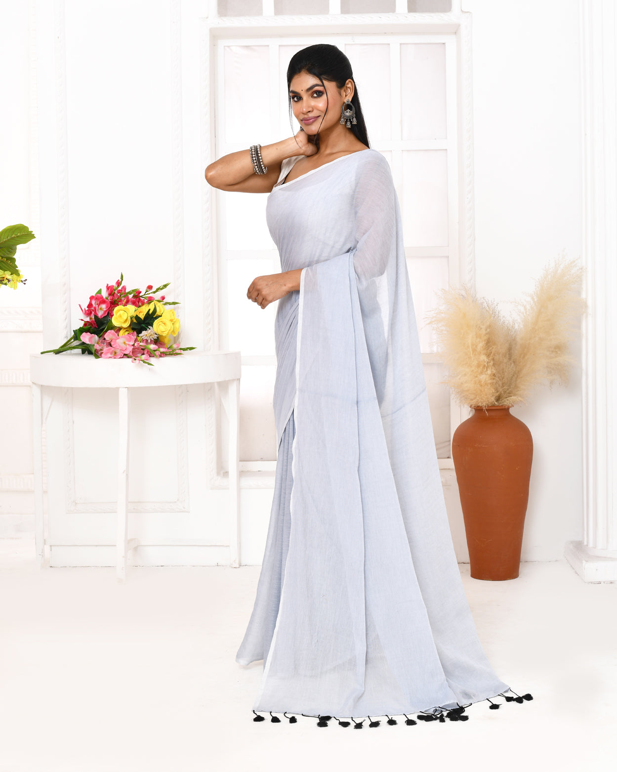 Piyari Fashion Silver Blue Mulmul Cotton Saree With Tassels