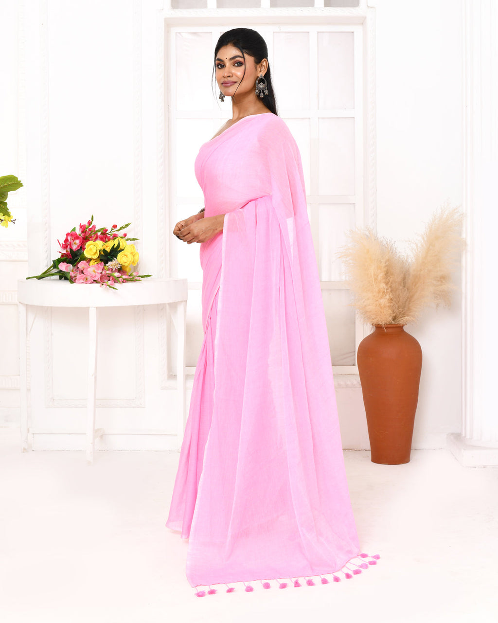 Pink Mulmul Cotton Saree with Elegant Tassels