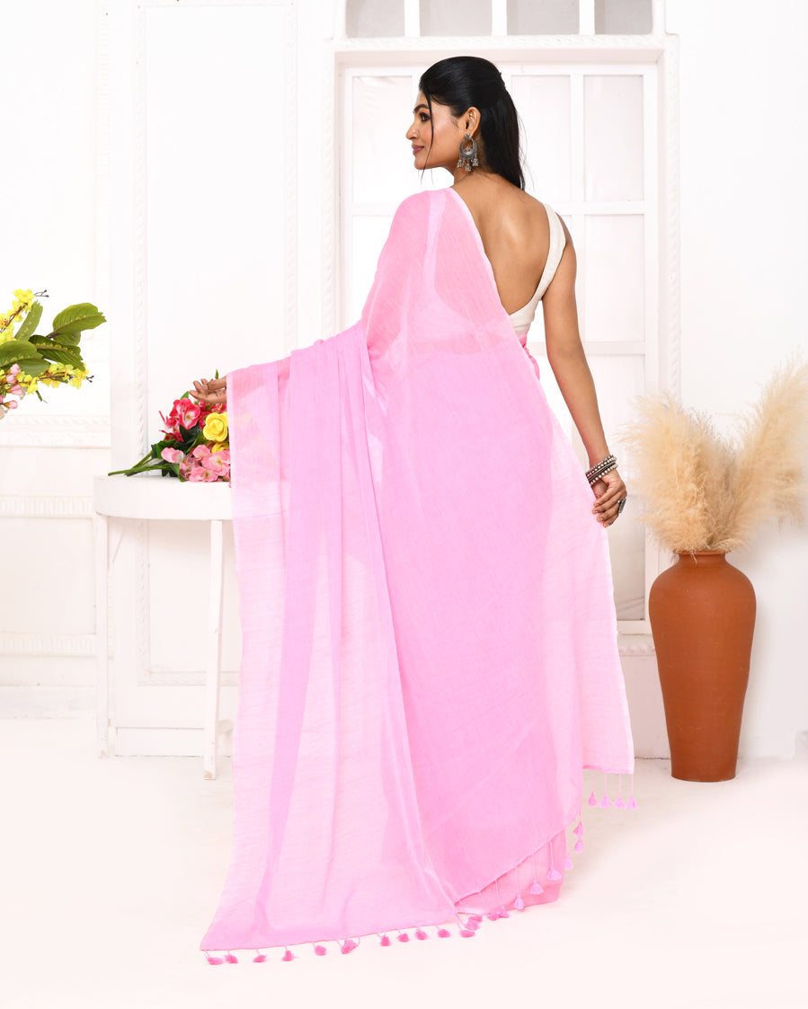 Pink Mulmul Cotton Saree with Elegant Tassels