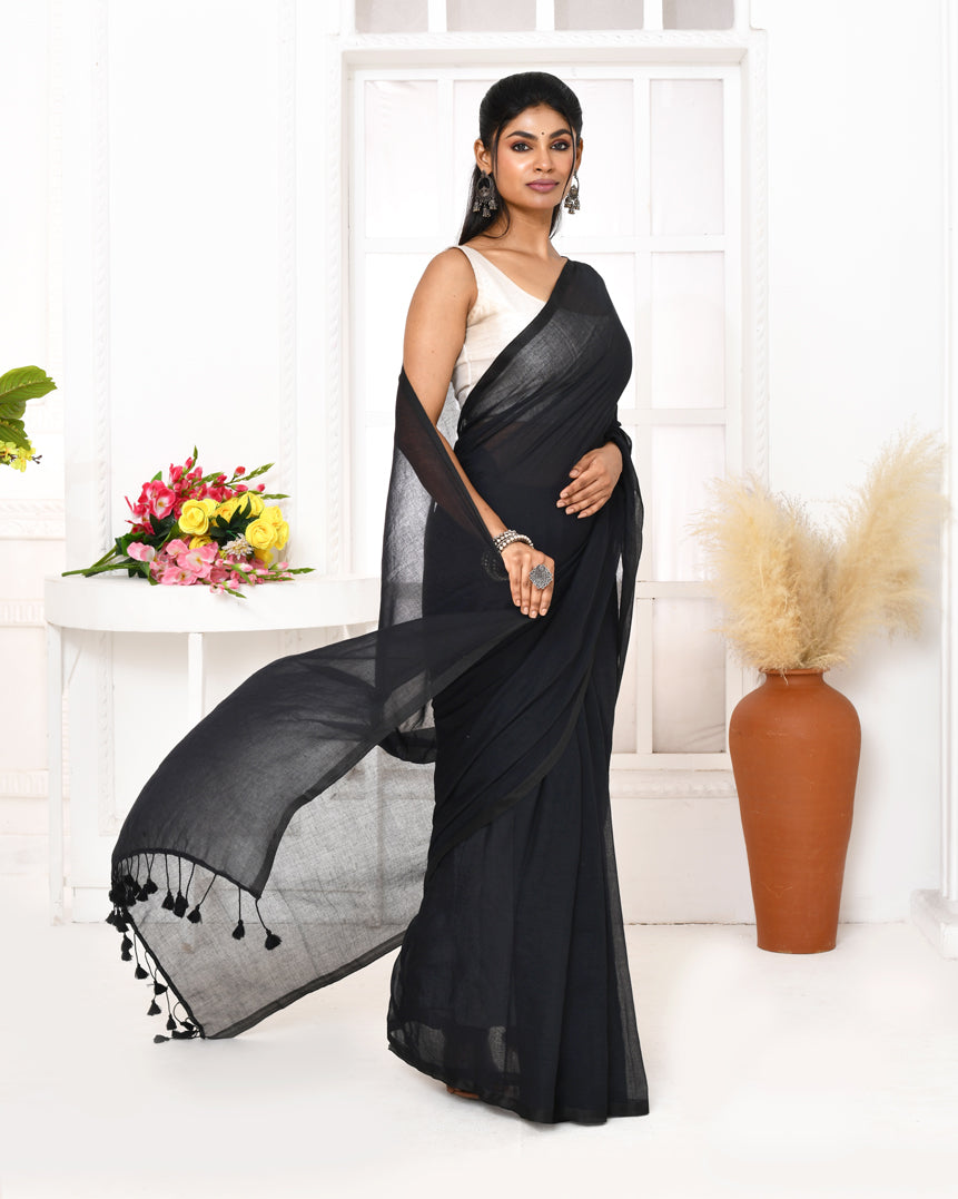 Piyari Fashion Black Mulmul Cotton Saree With Tassels