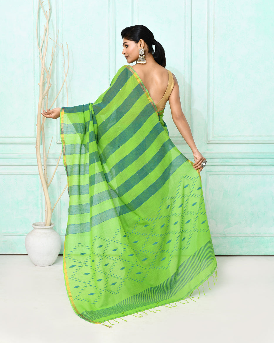 Green Cotton Handloom Jamdani Saree with Matching Blouse