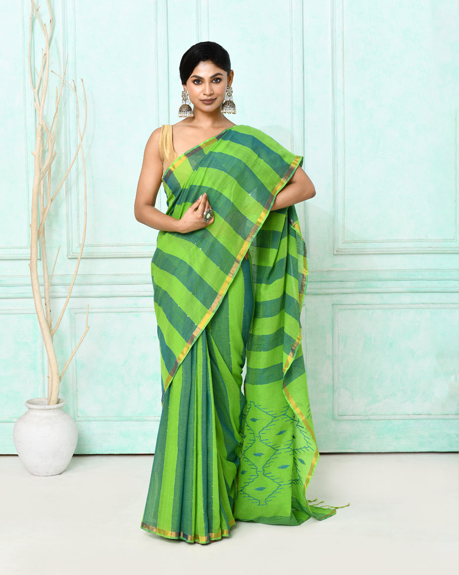 Green Cotton Handloom Jamdani Saree with Matching Blouse