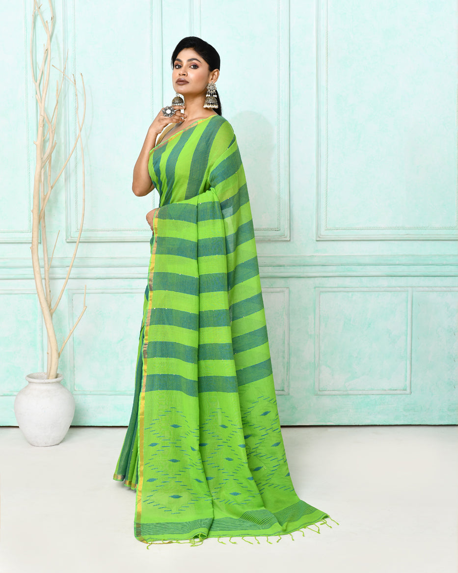 Green Cotton Handloom Jamdani Saree with Matching Blouse