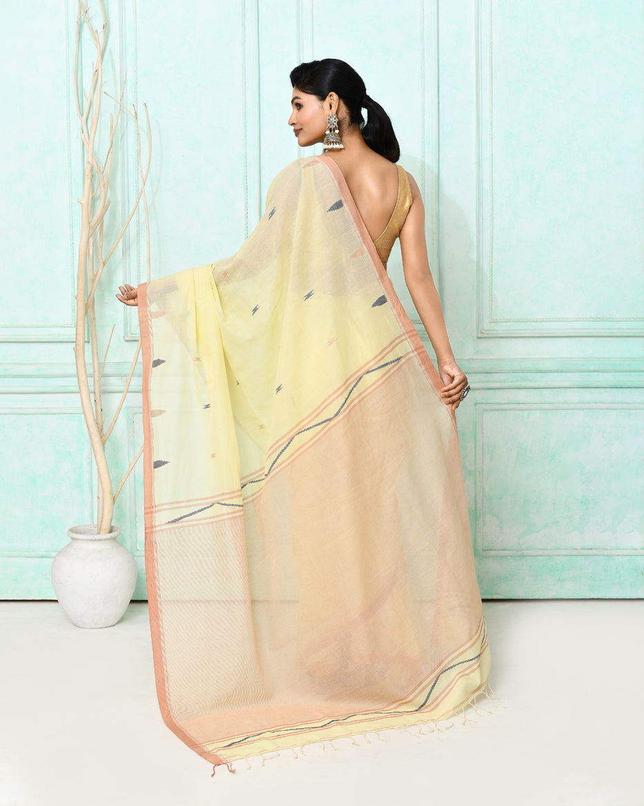 Cream Cotton Handloom Jamdani Saree with Matching Blouse