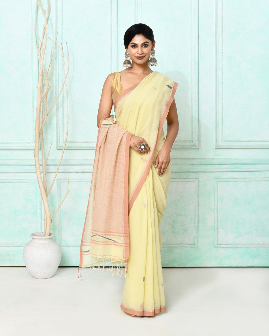 Cream Cotton Handloom Jamdani Saree with Matching Blouse