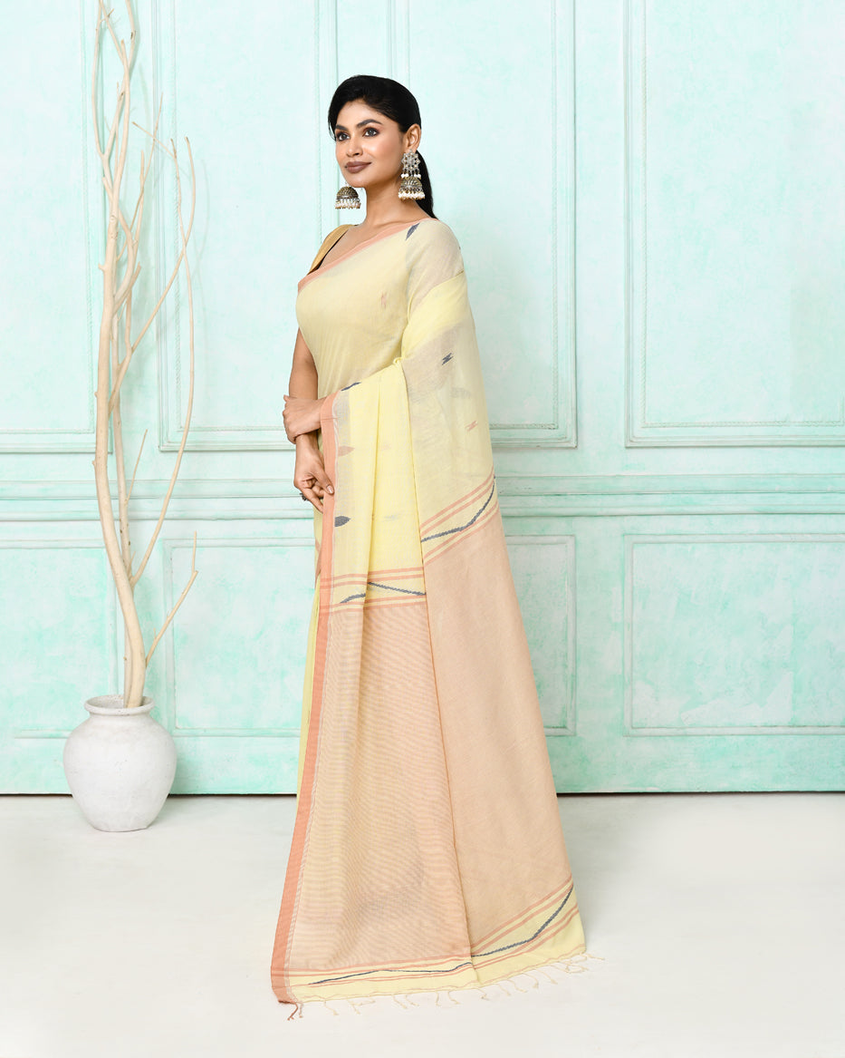 Cream Cotton Handloom Jamdani Saree with Matching Blouse
