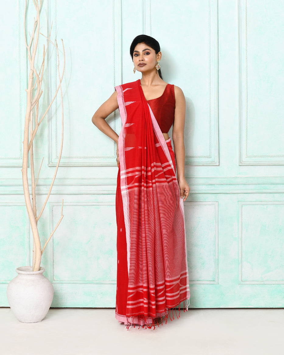 Red Cotton Handloom Jamdani Saree with Matching Blouse Piece