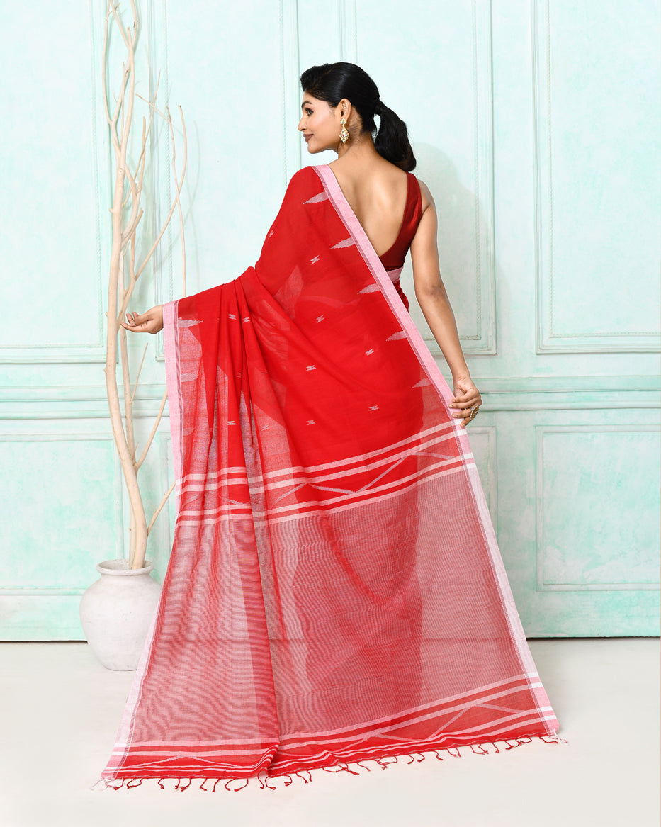Red Cotton Handloom Jamdani Saree with Matching Blouse Piece
