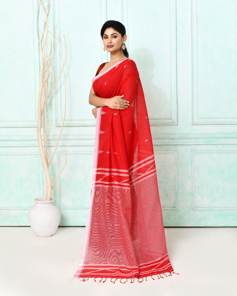 Red Cotton Handloom Jamdani Saree with Matching Blouse Piece
