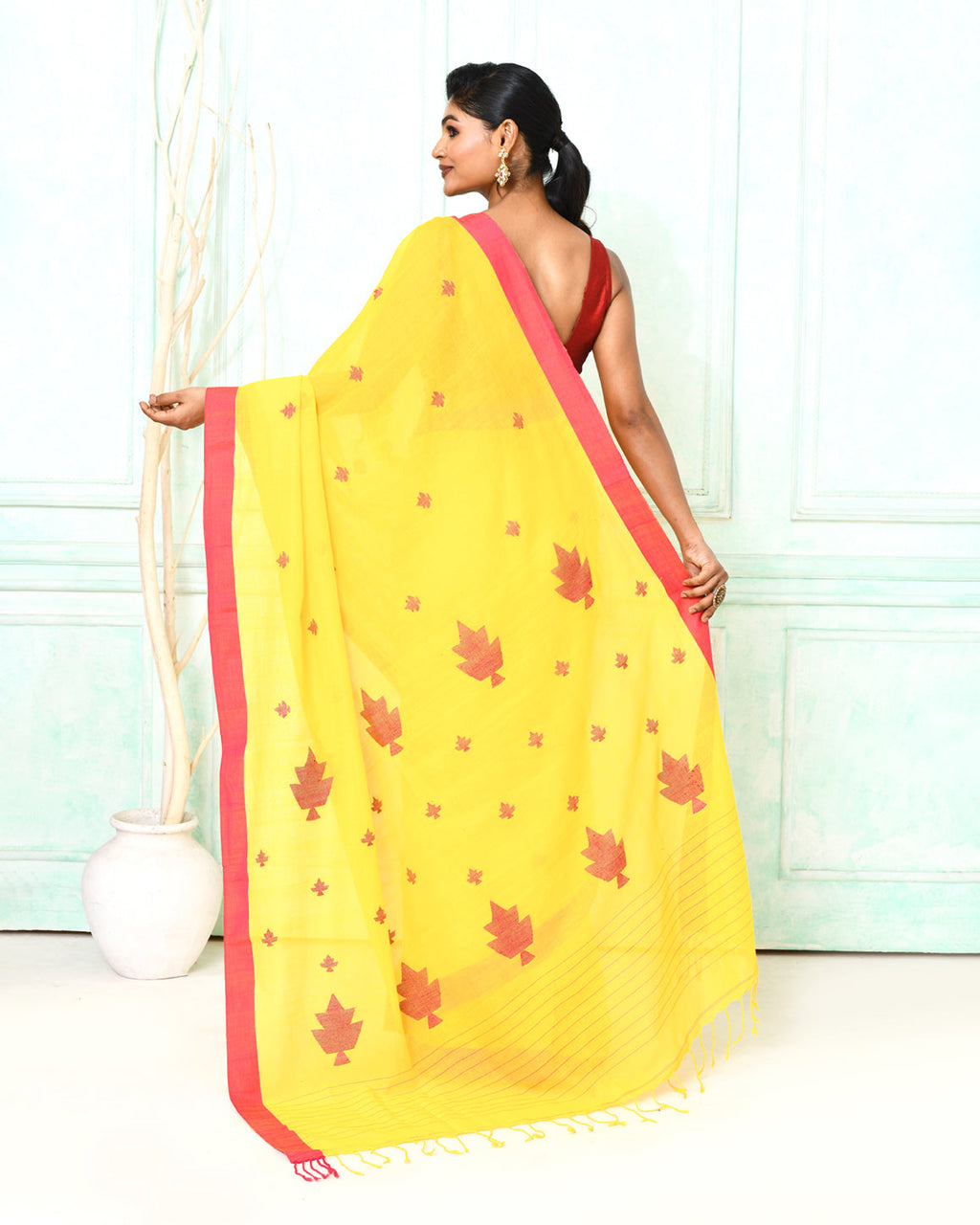 Yellow Cotton Handloom Jamdani Saree with Blouse Piece