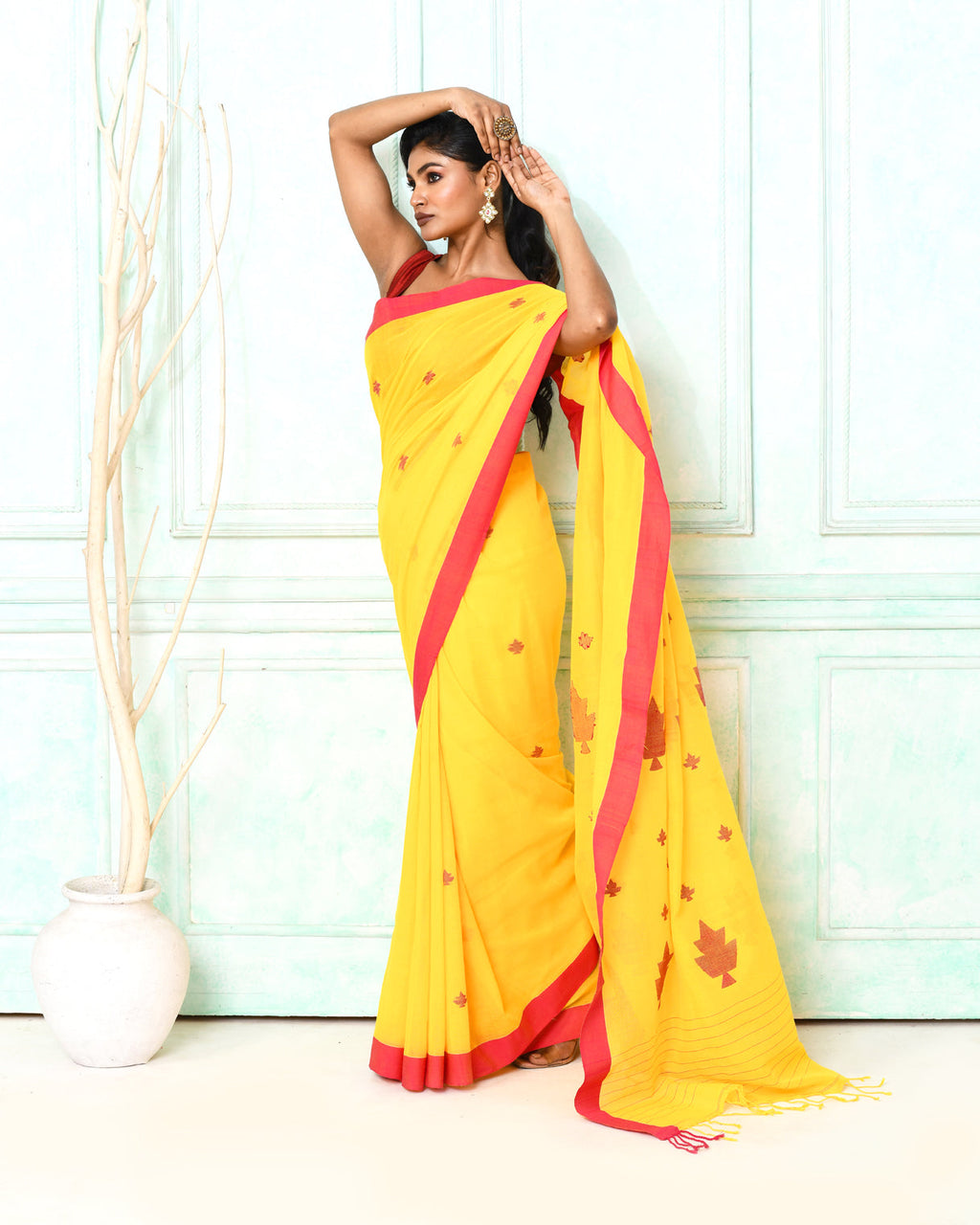 Yellow Cotton Handloom Jamdani Saree with Blouse Piece