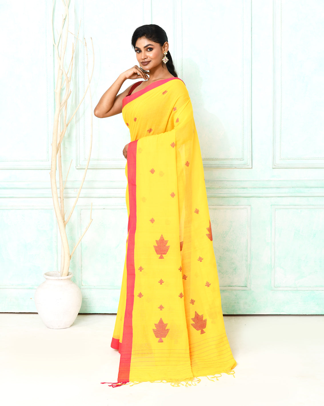 Yellow Cotton Handloom Jamdani Saree with Blouse Piece