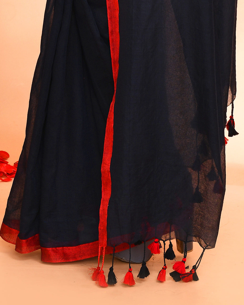 Black Mulmul Cotton Saree with Red Border and Tassels