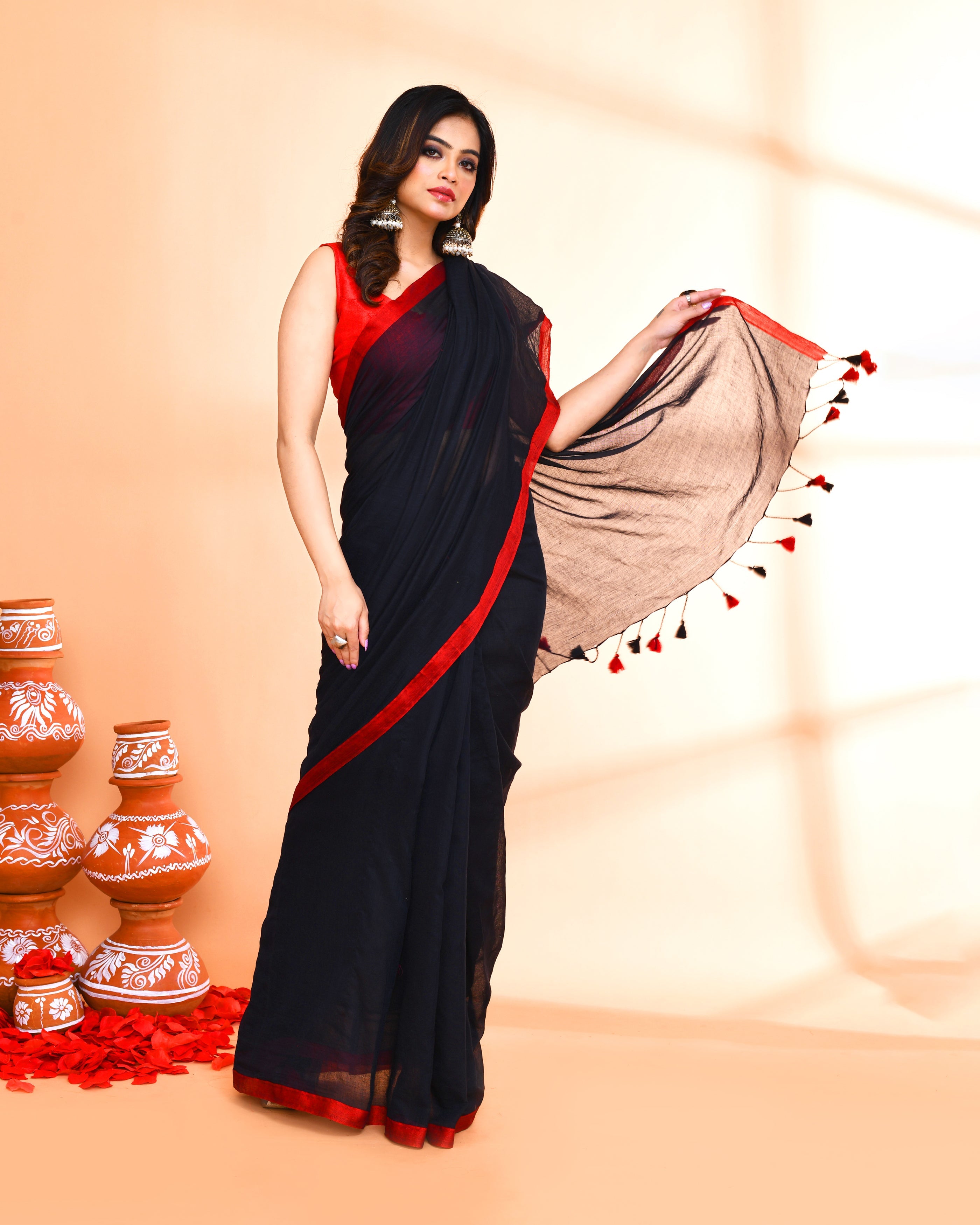 Black Mulmul Cotton Saree with Red Border and Tassels