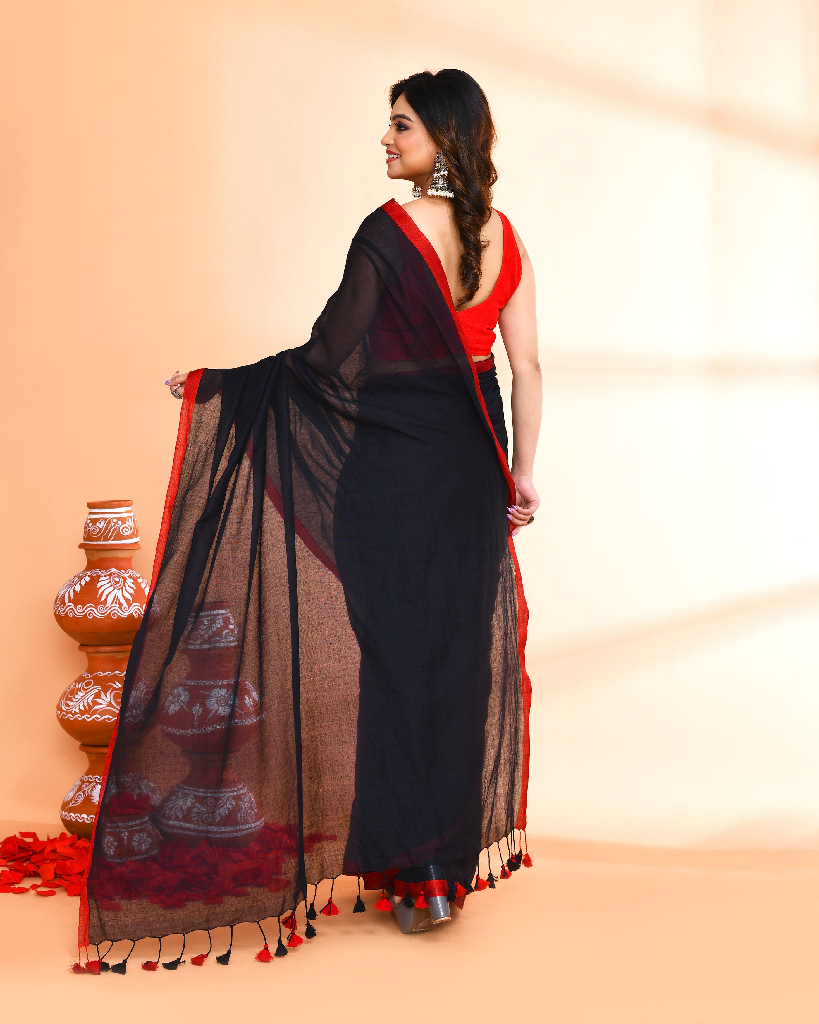 Black Mulmul Cotton Saree with Red Border and Tassels