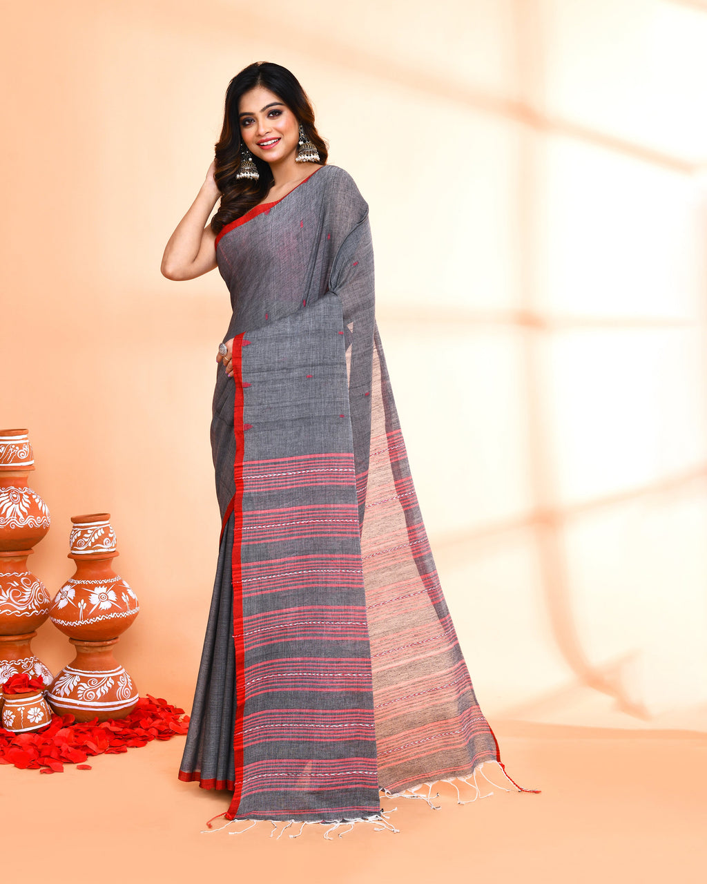 Grey Hand Work Cotton Saree with Matching Blouse