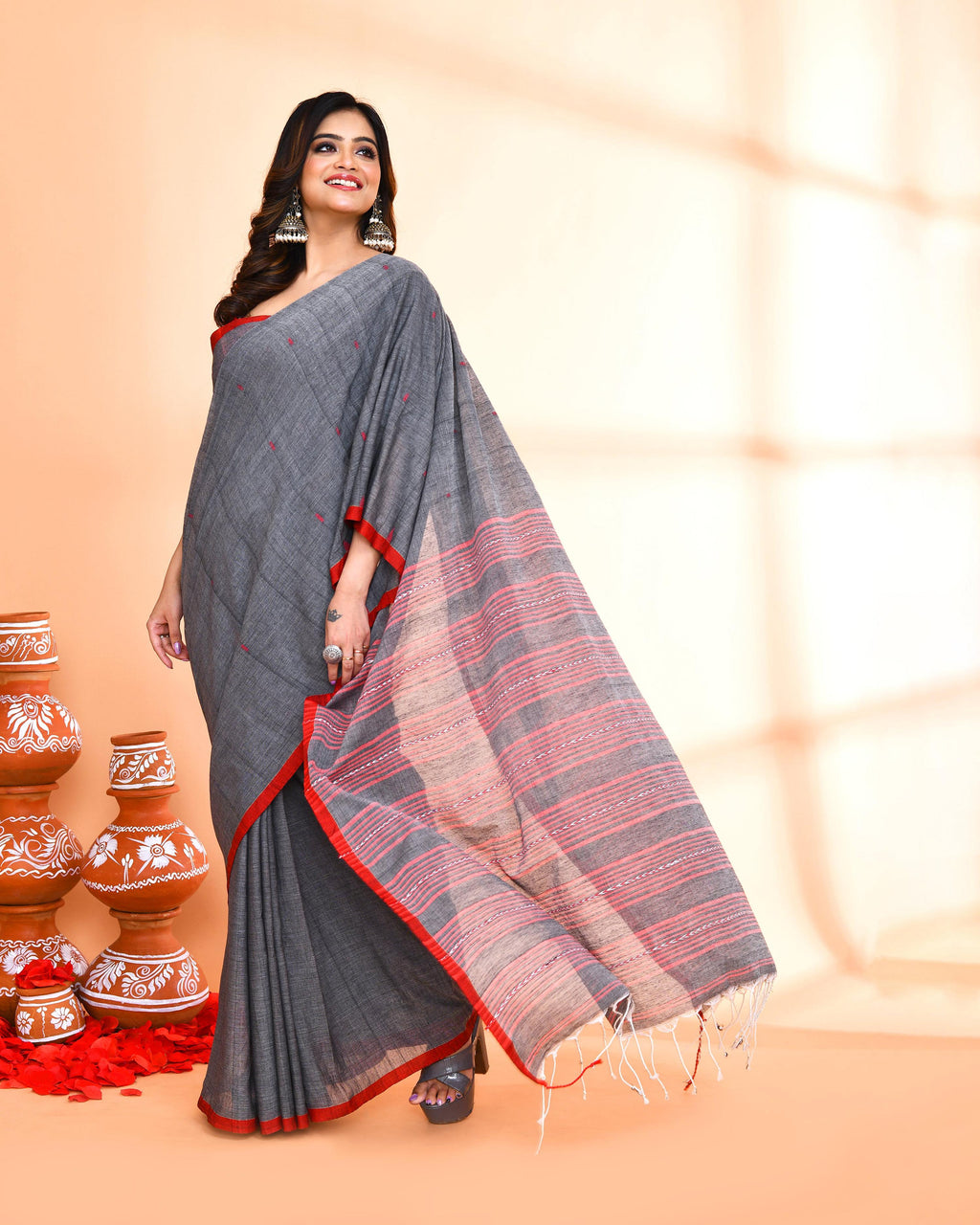Grey Hand Work Cotton Saree with Matching Blouse