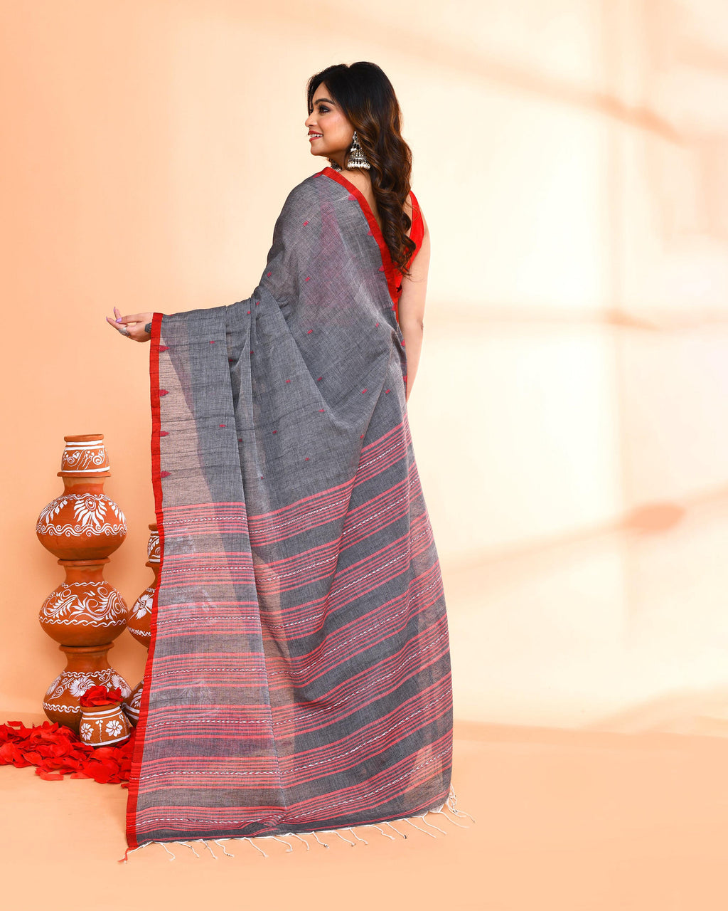 Grey Hand Work Cotton Saree with Matching Blouse