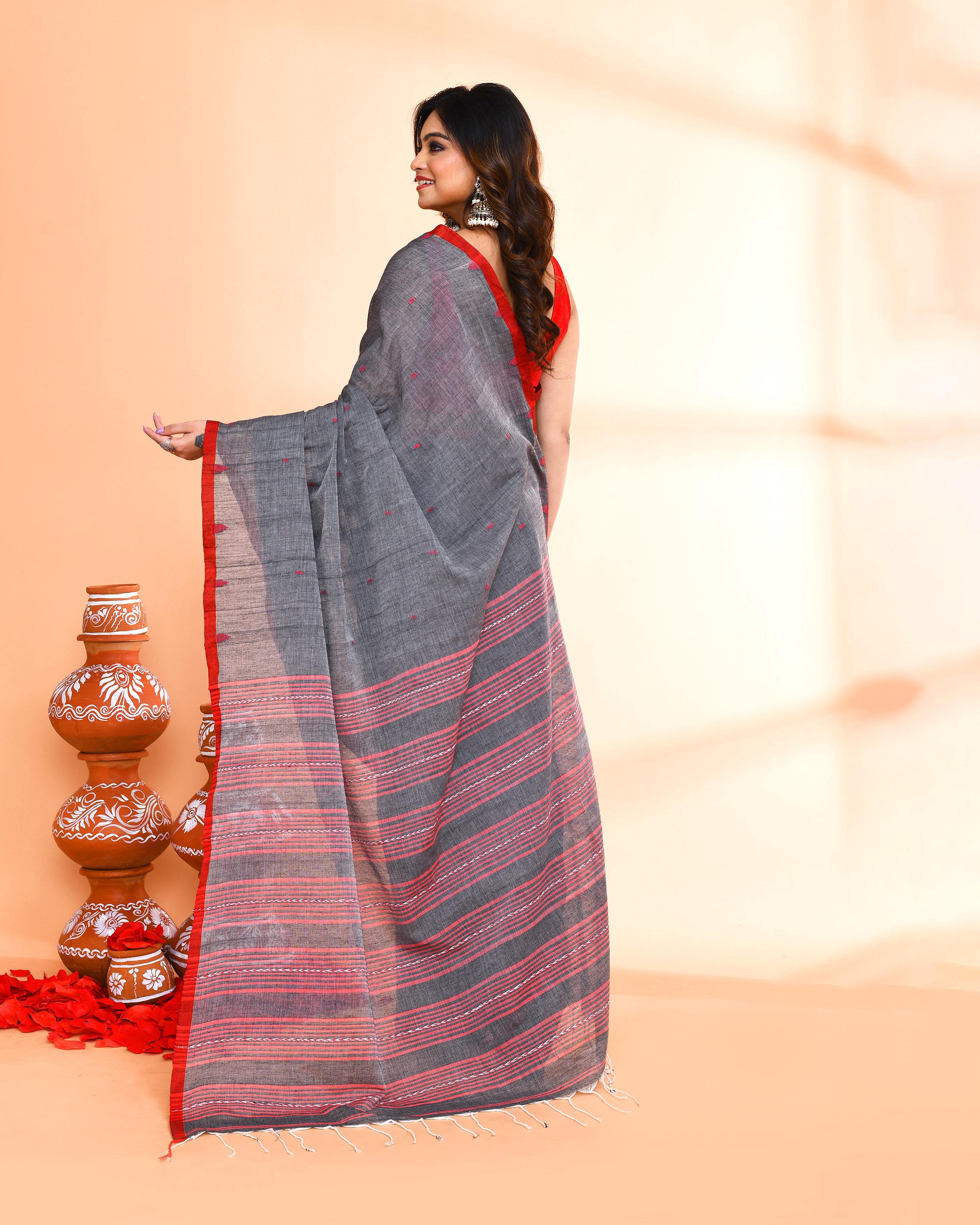 Grey Hand Work Cotton Saree with Matching Blouse