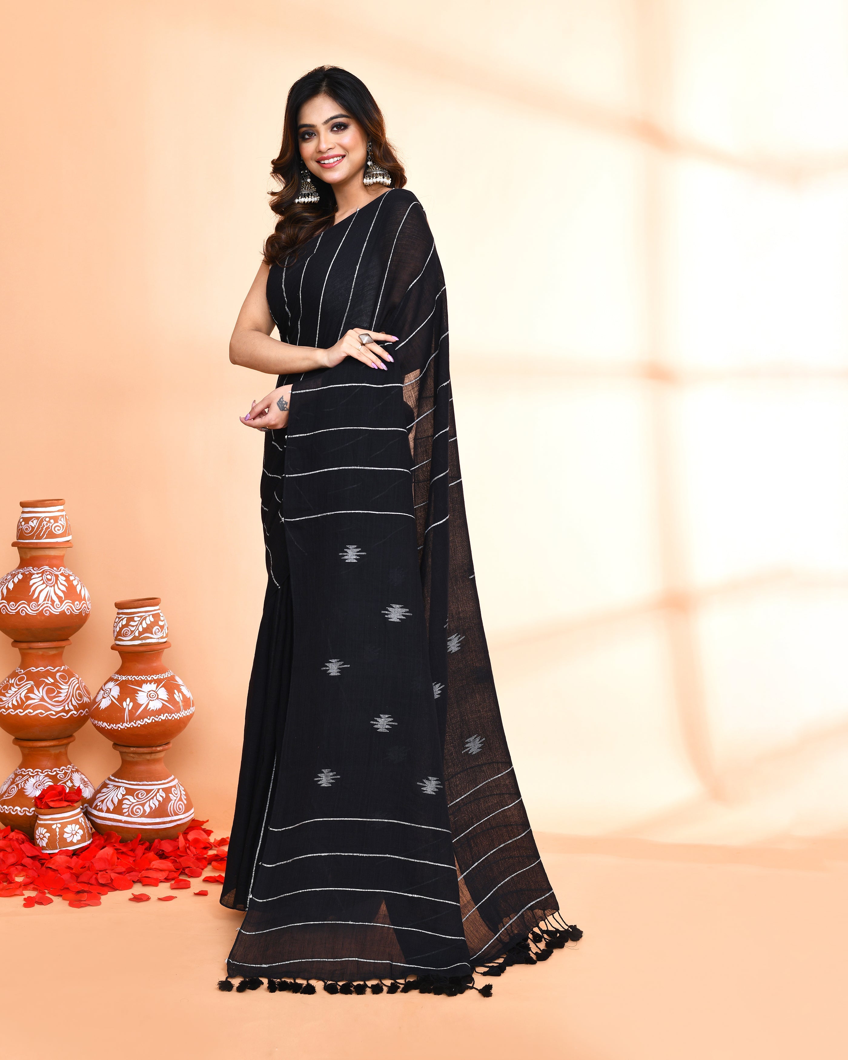 Black Hand Work Cotton Jamdani Saree with Blouse